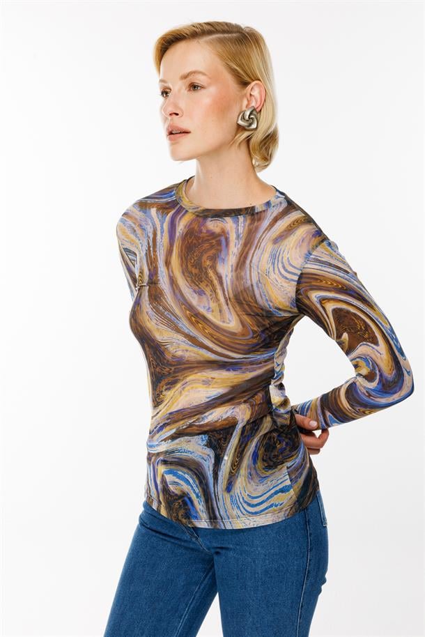 Likralı Tül Bluz-MAVİ