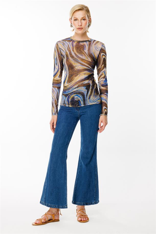 Likralı Tül Bluz-MAVİ