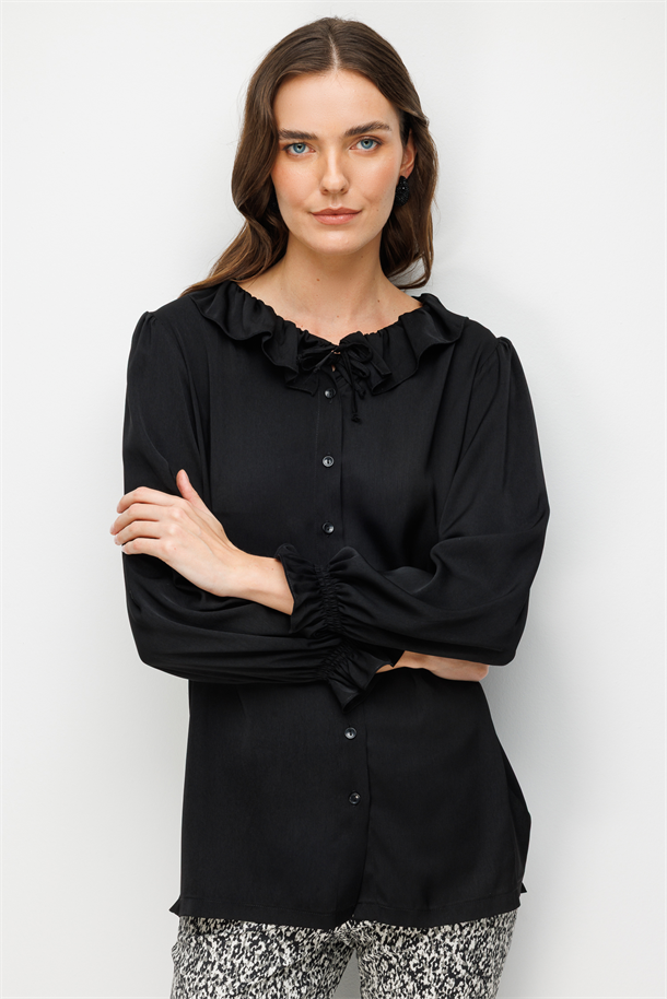 Mat Saten Uzun Gömlek-SİYAH