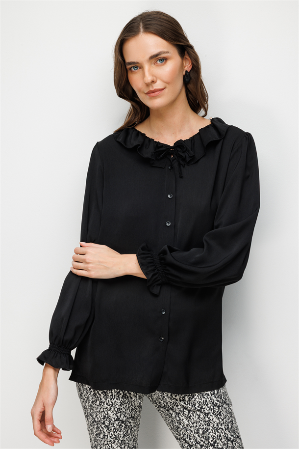 Mat Saten Uzun Gömlek-SİYAH