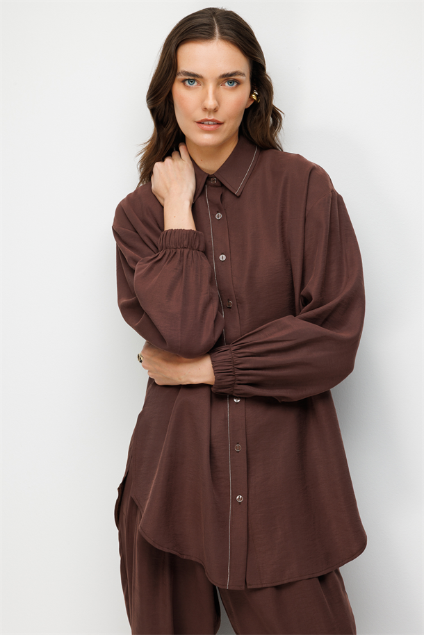 Metal Şerit Detaylı Cupra Tunik Gömlek-KAHVE