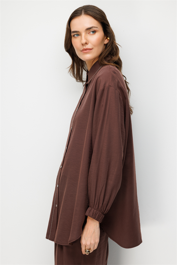 Metal Şerit Detaylı Cupra Tunik Gömlek-KAHVE