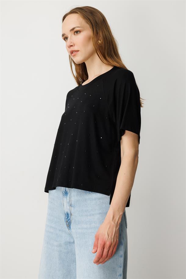 Minik Taş Detaylı Kısa Tişört-SİYAH