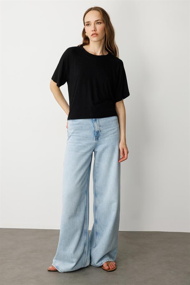 Minik Taş Detaylı Kısa Tişört-SİYAH