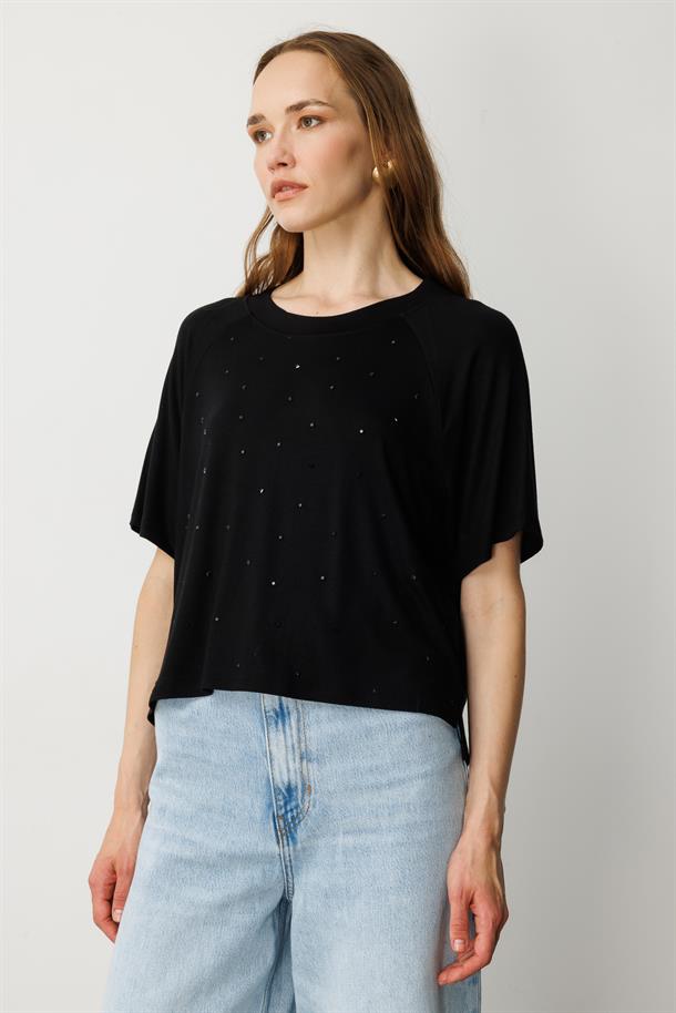 Minik Taş Detaylı Kısa Tişört-SİYAH