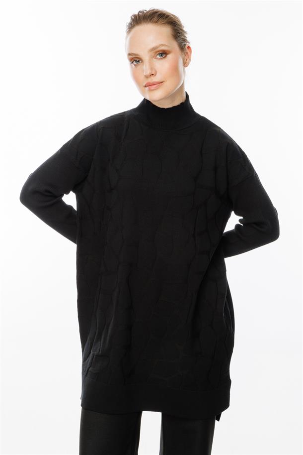 Mozaik Desen Yarım Balıkçı Tunik-SİYAH