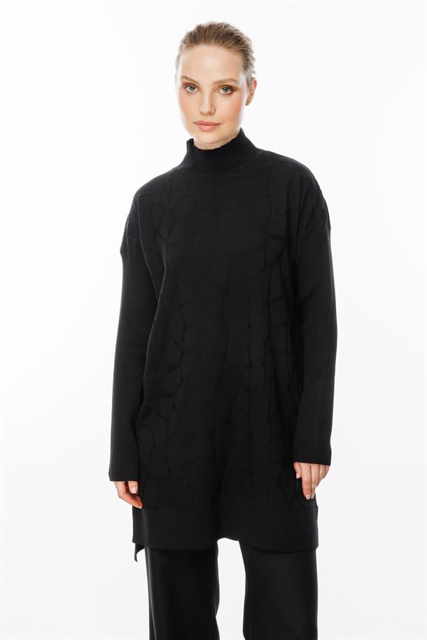 Mozaik Desen Yarım Balıkçı Tunik-SİYAH