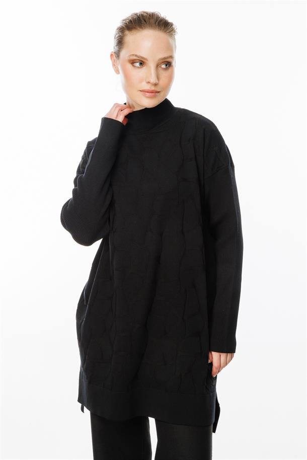 Mozaik Desen Yarım Balıkçı Tunik-SİYAH