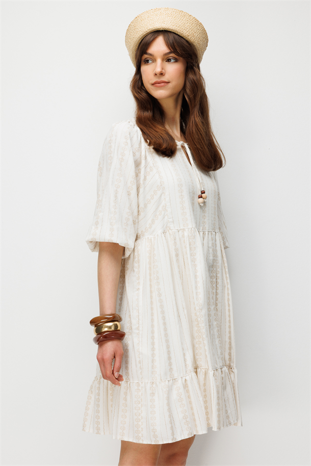 Nakış Detay Pamuklu Elbise-BEJ