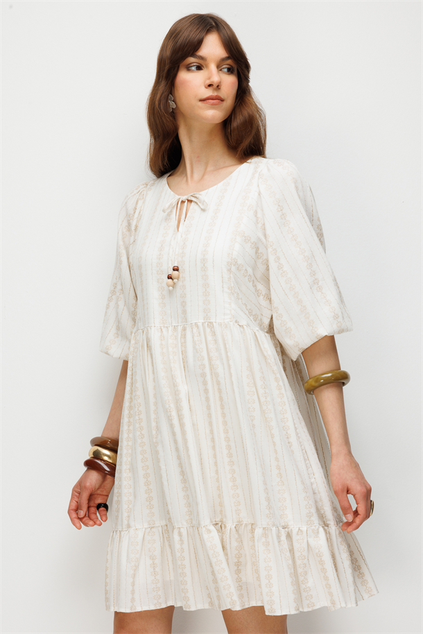 Nakış Detay Pamuklu Elbise-BEJ