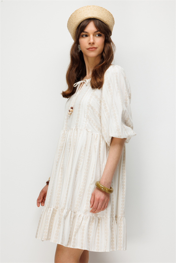 Nakış Detay Pamuklu Elbise-BEJ