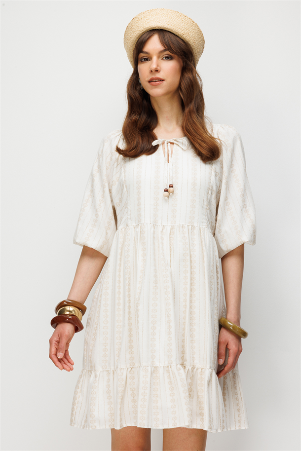 Nakış Detay Pamuklu Elbise-BEJ