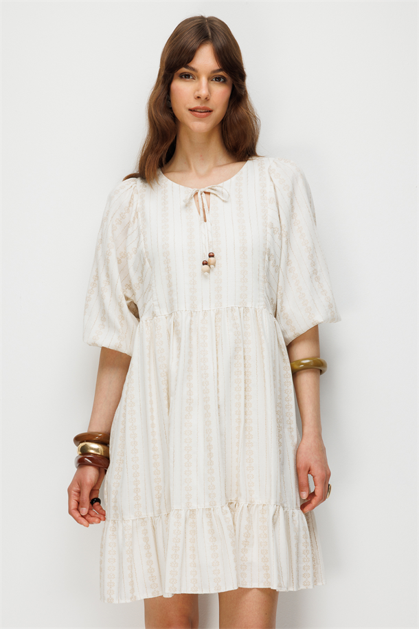 Nakış Detay Pamuklu Elbise-BEJ