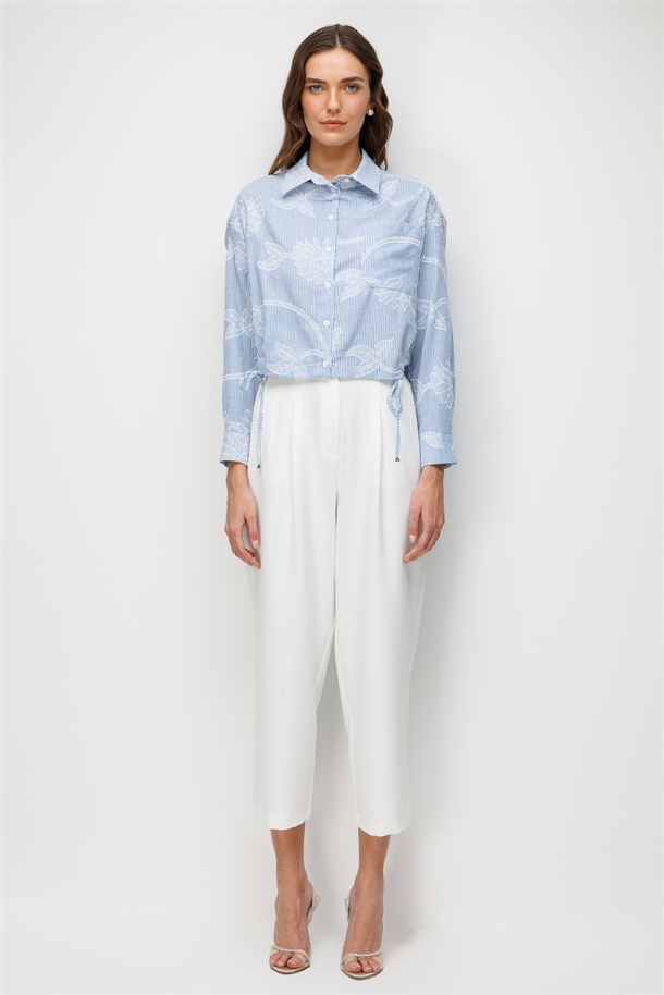 Nakış Detaylı Çizgili Gömlek-MAVİ