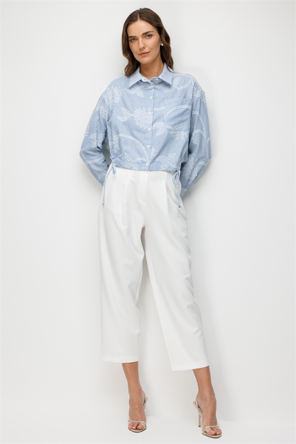 Nakış Detaylı Çizgili Gömlek-MAVİ