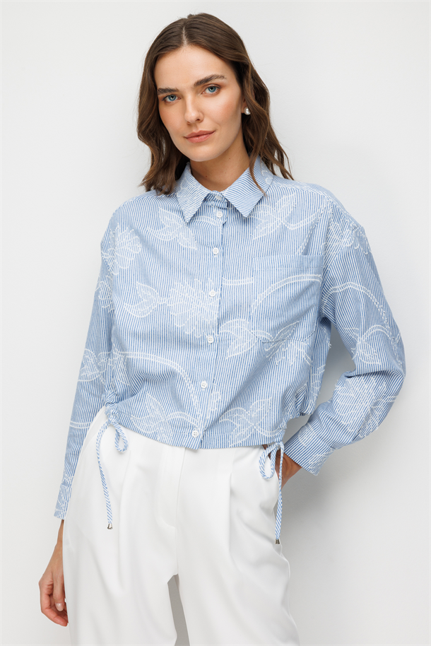 Nakış Detaylı Çizgili Gömlek-MAVİ