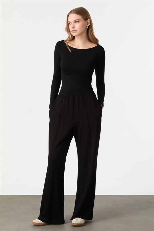 Nervür Detay Bol Paça Modal Pantolon-SİYAH