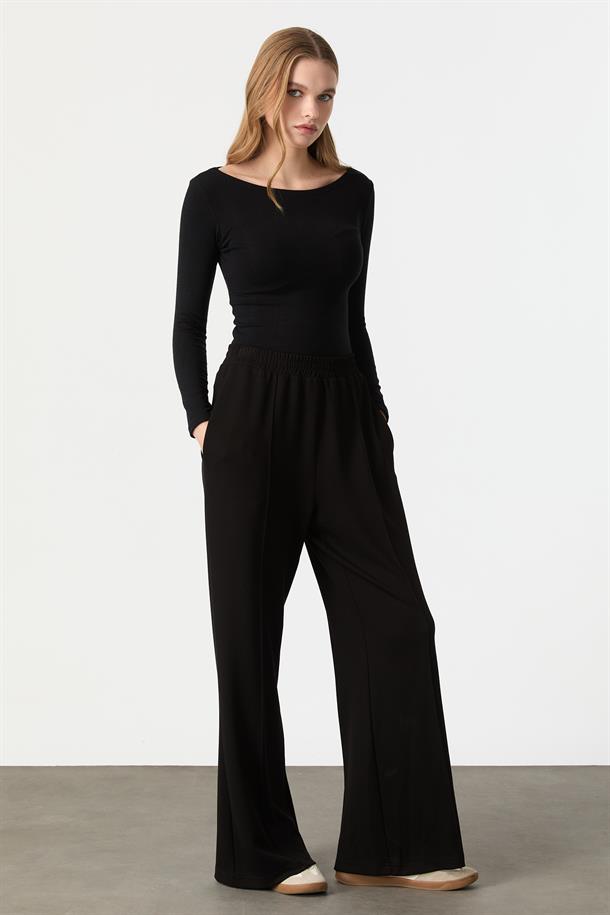 Nervür Detay Bol Paça Modal Pantolon-SİYAH