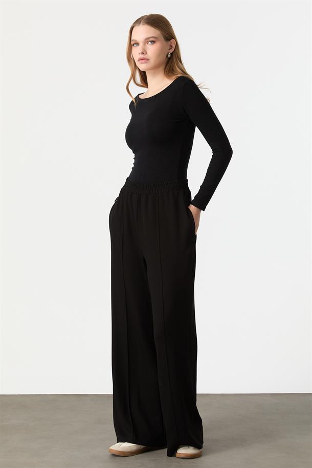 Nervür Detay Bol Paça Modal Pantolon-SİYAH