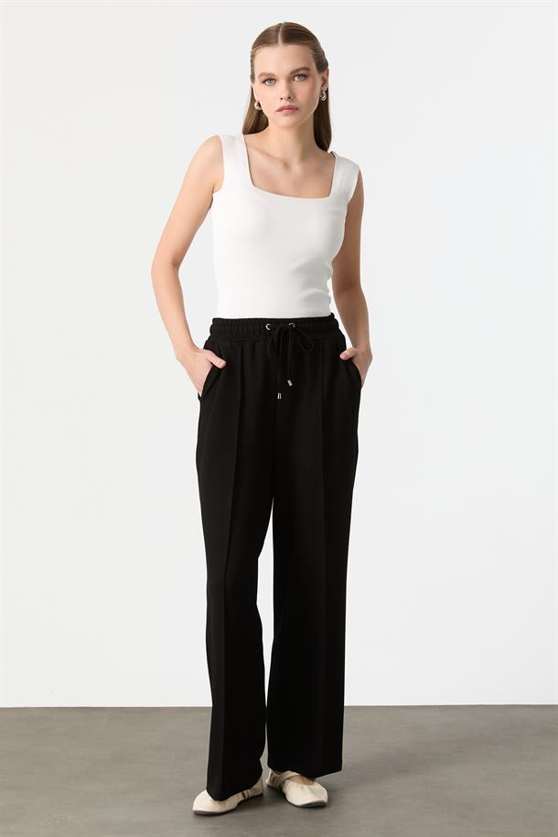 Nervür Detaylı Modal Pantolon-SİYAH