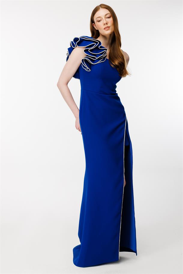 Omuz Ve Eteği Taş İşlemeli Krep Abiye-SAX