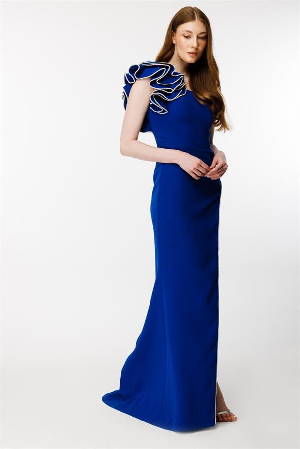 Omuz Ve Eteği Taş İşlemeli Krep Abiye-SAX