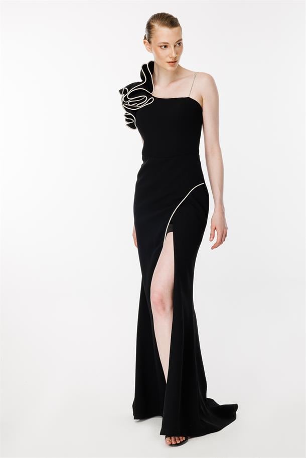 Omuz Ve Eteği Taş İşlemeli Krep Abiye-SİYAH