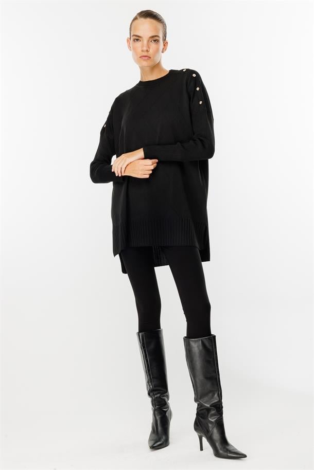 Omuzları Düğmeli Triko Tunik-SİYAH