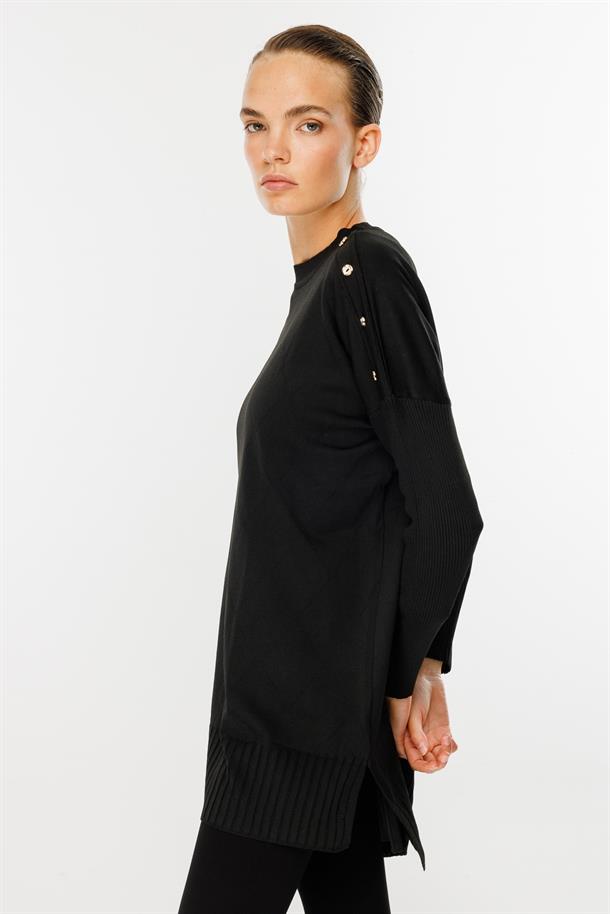 Omuzları Düğmeli Triko Tunik-SİYAH