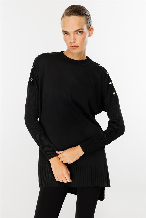 Omuzları Düğmeli Triko Tunik-SİYAH