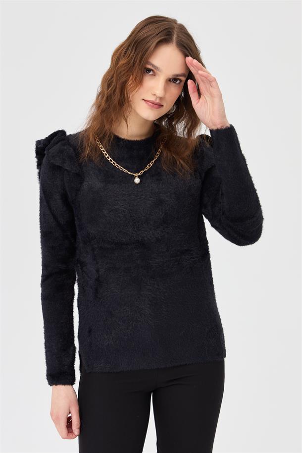 Omuzları Fırfırlı Triko Kazak-SİYAH