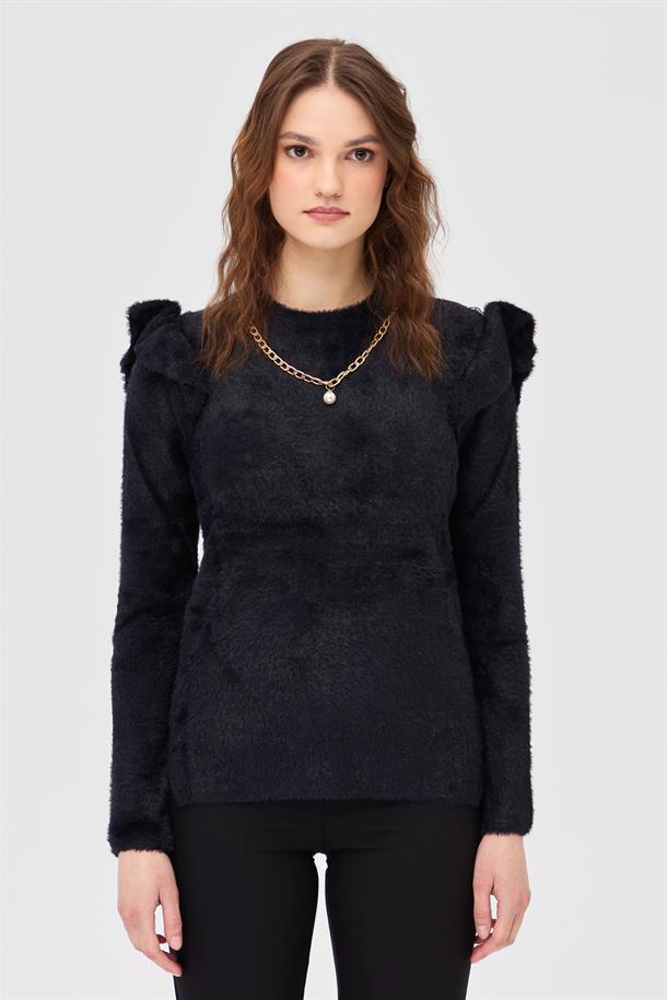 Omuzları Fırfırlı Triko Kazak-SİYAH