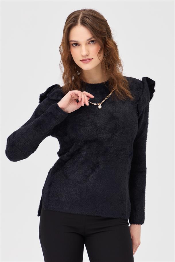 Omuzları Fırfırlı Triko Kazak-SİYAH