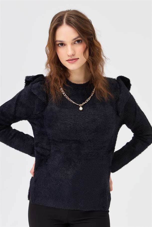 Omuzları Fırfırlı Triko Kazak-SİYAH