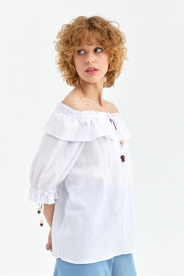 Omuzları Ve Kolları Lastikli Şile Bezi Bluz-BEYAZ