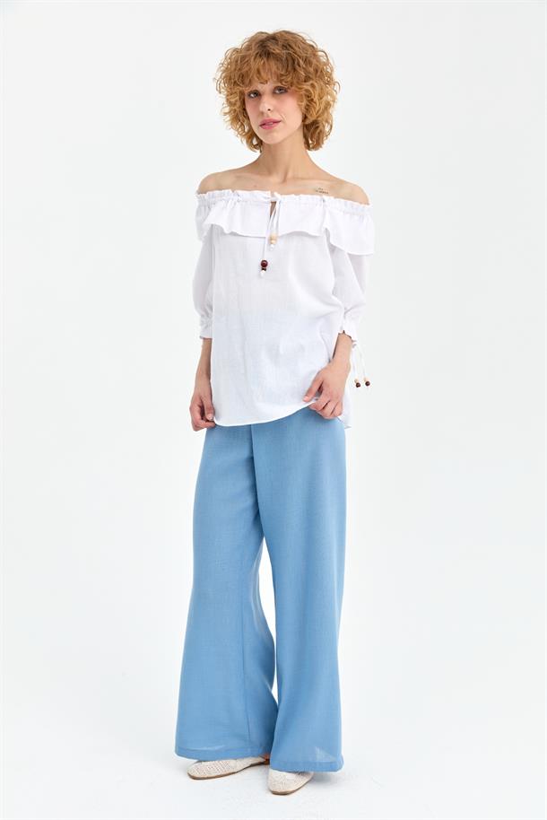 Omuzları Ve Kolları Lastikli Şile Bezi Bluz-BEYAZ