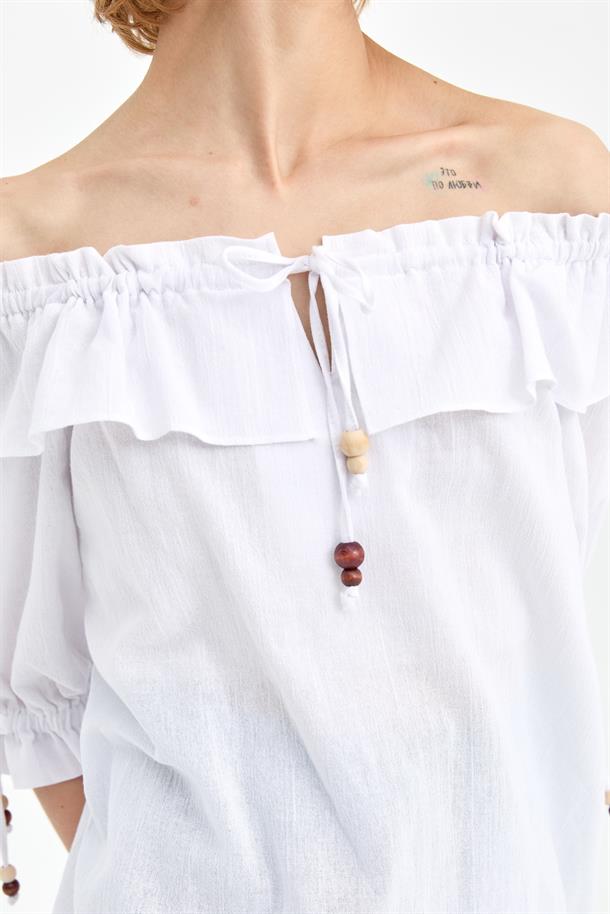 Omuzları Ve Kolları Lastikli Şile Bezi Bluz-BEYAZ