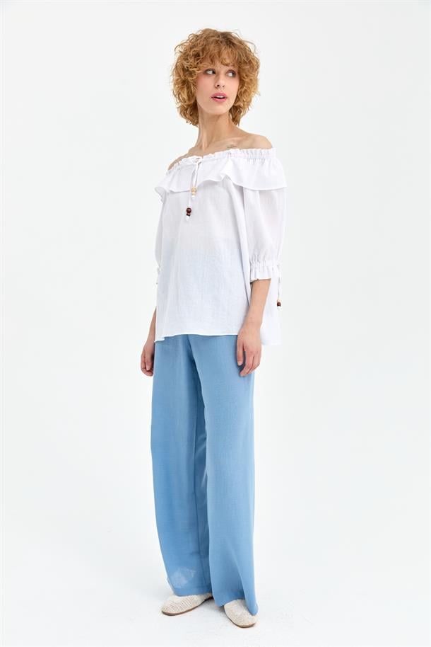 Omuzları Ve Kolları Lastikli Şile Bezi Bluz-BEYAZ