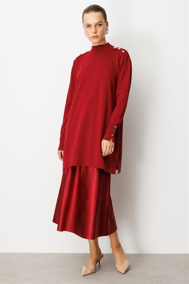 Omzu Düğme Detaylı Triko Tunik-BORDO