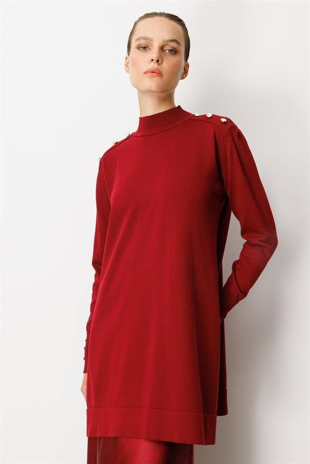 Omzu Düğme Detaylı Triko Tunik-BORDO