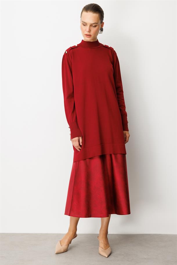 Omzu Düğme Detaylı Triko Tunik-BORDO