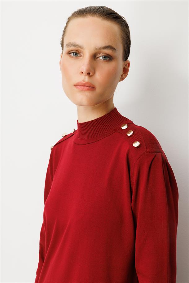 Omzu Düğme Detaylı Triko Tunik-BORDO