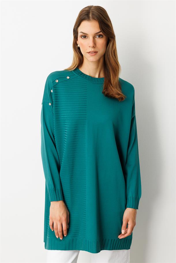 Omzu Düğme Detaylı Triko Tunik-PETROL