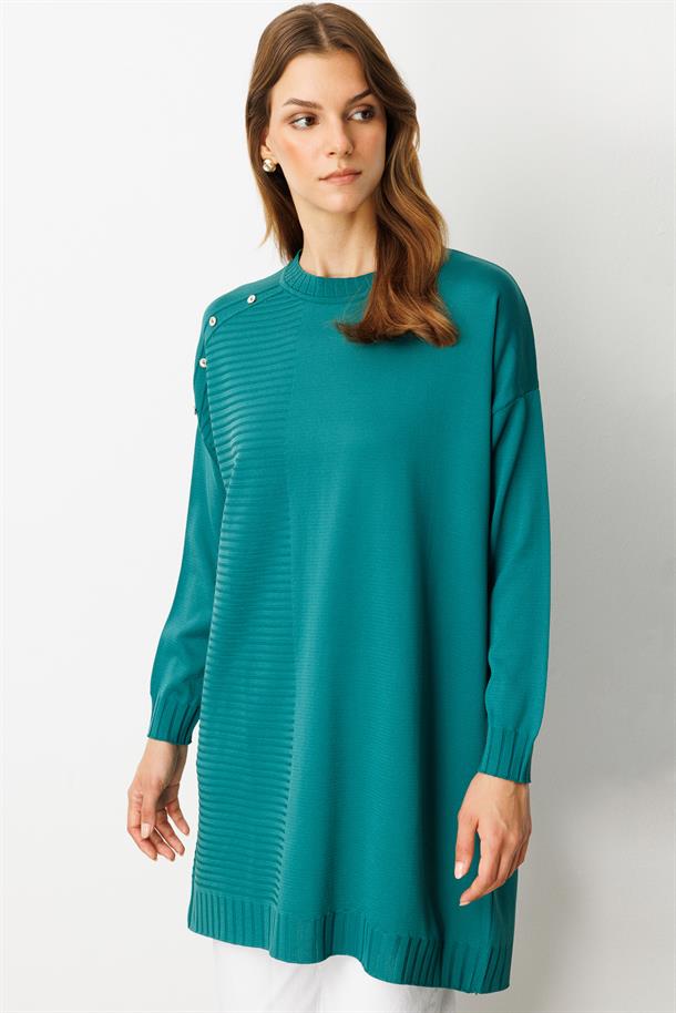 Omzu Düğme Detaylı Triko Tunik-PETROL