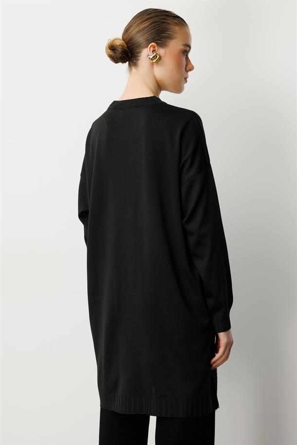 Omzu Düğme Detaylı Triko Tunik-SİYAH