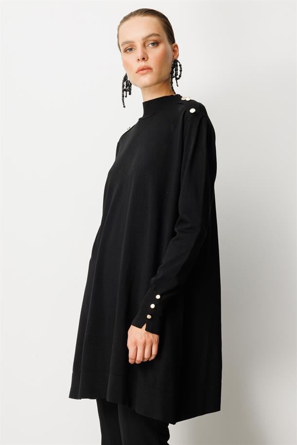 Omzu Düğme Detaylı Triko Tunik-SİYAH