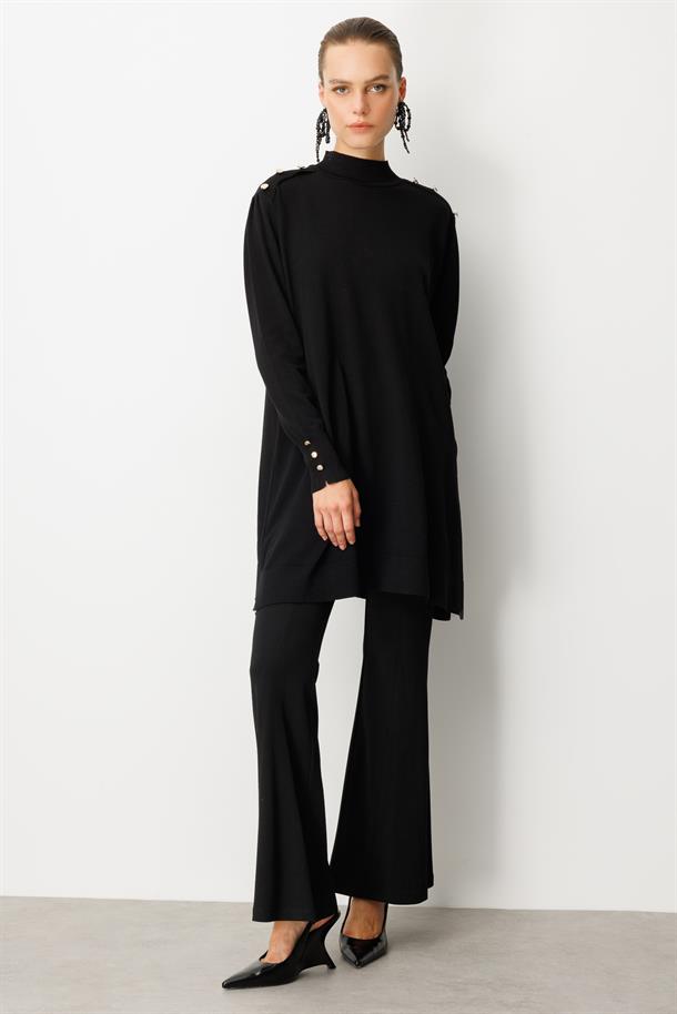 Omzu Düğme Detaylı Triko Tunik-SİYAH