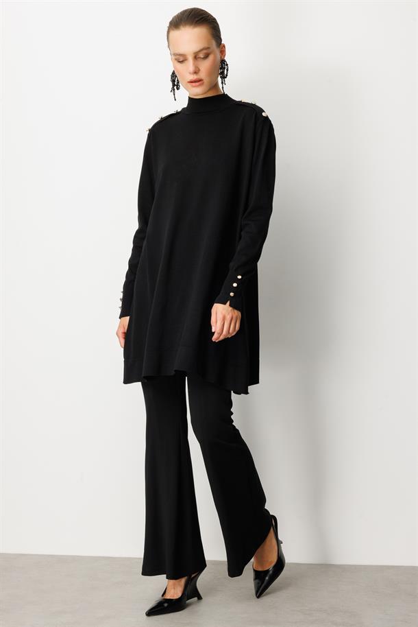 Omzu Düğme Detaylı Triko Tunik-SİYAH