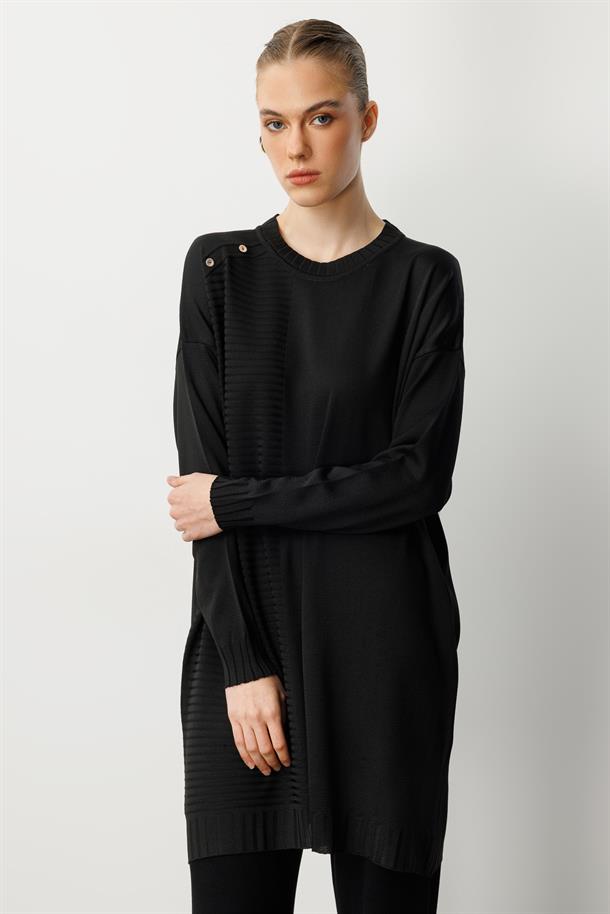 Omzu Düğme Detaylı Triko Tunik-SİYAH