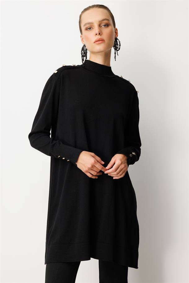 Omzu Düğme Detaylı Triko Tunik-SİYAH
